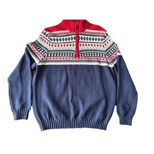 Izod Men's Sweater Medium Fair Isle Red White Blue Knit